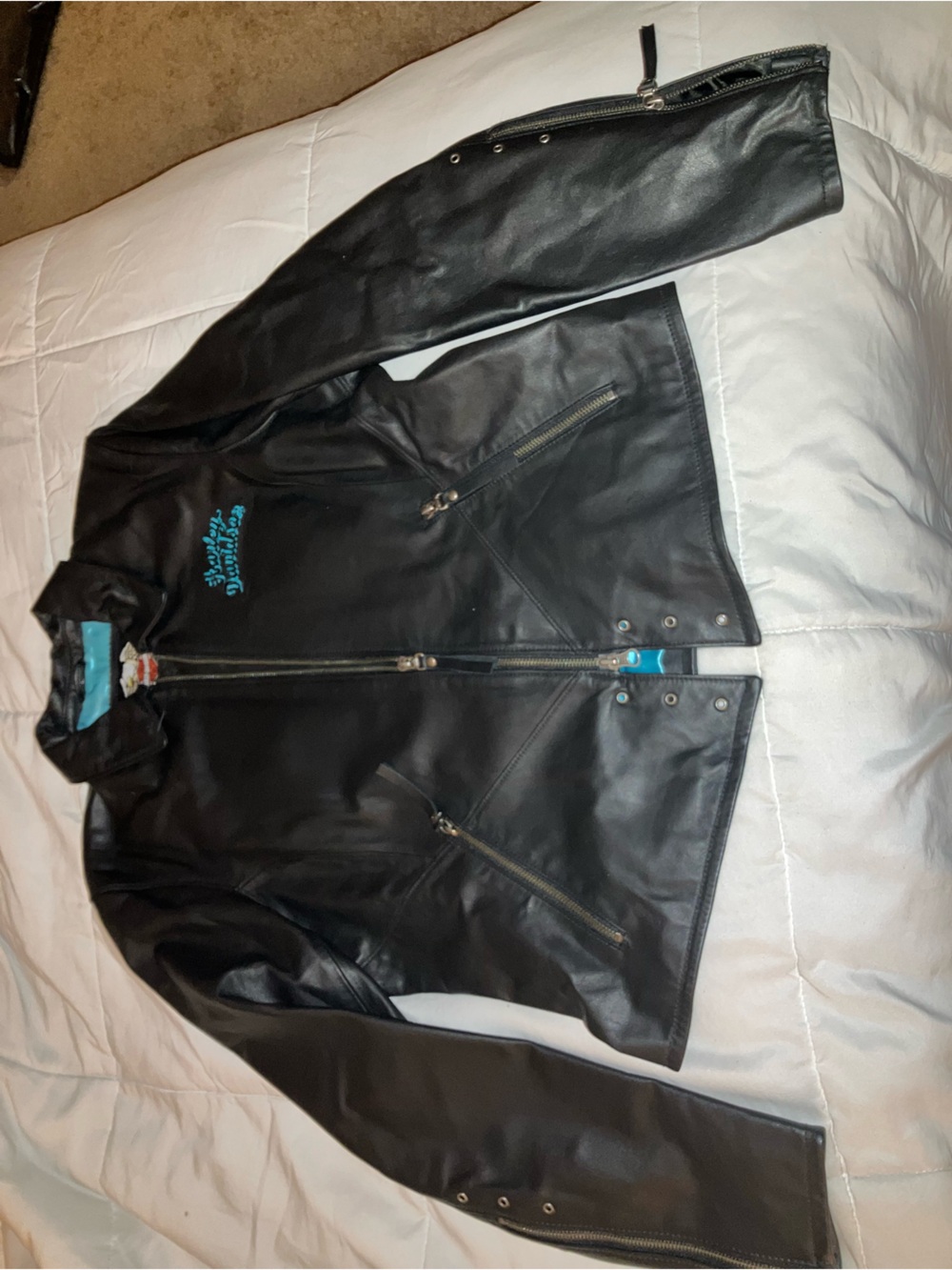 Harley-Davidson Black Leather Riding Jacket with Teal Embroidered Eagle - Picture 4 of 5